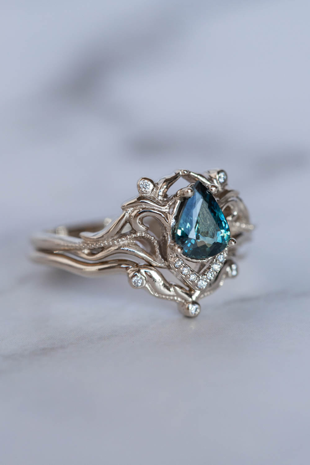 White gold engagement ring with teal sapphire, elvish bridal ring with diamonds / Lida small - Eden Garden Jewelry™