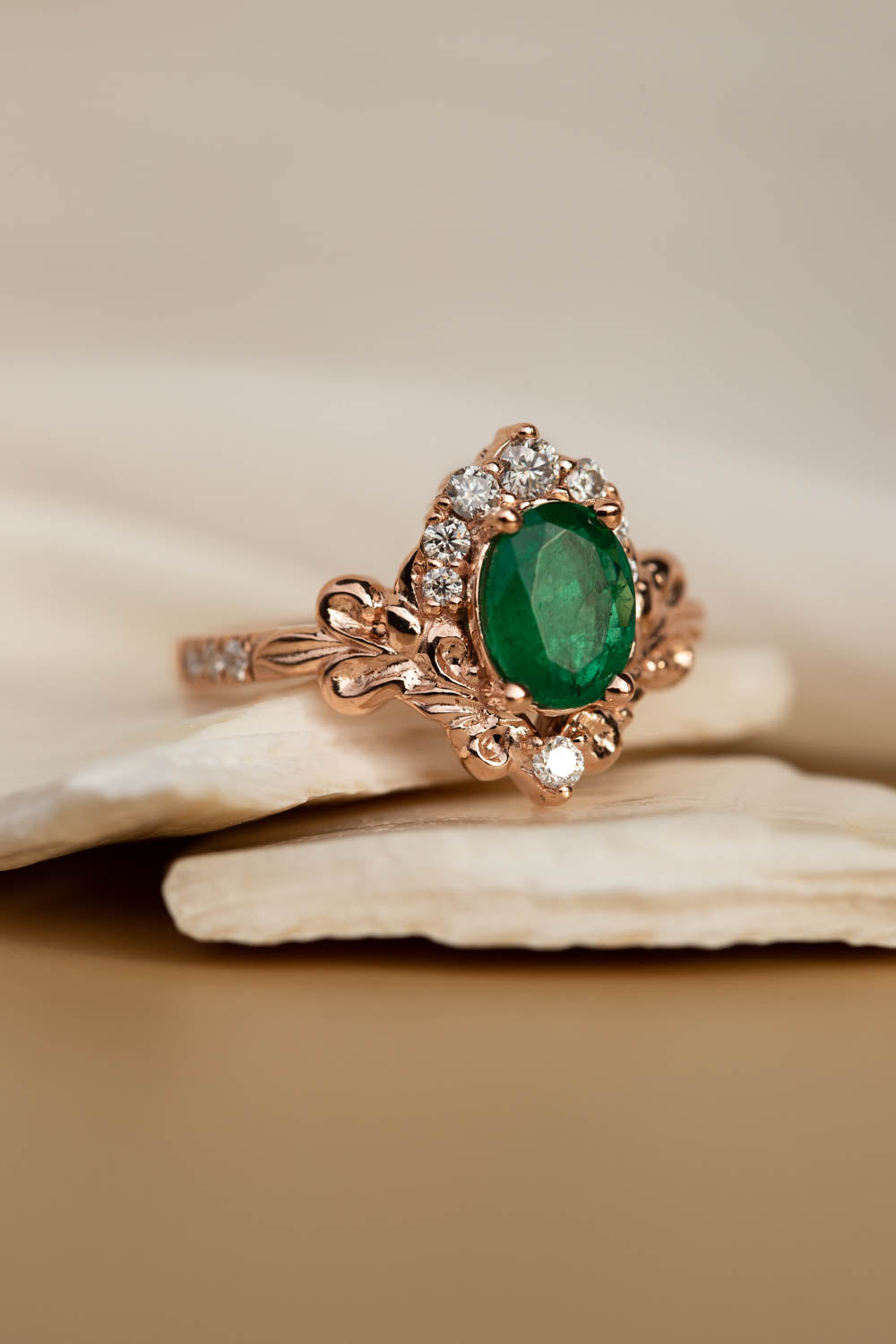 Rose gold engagement ring with emerald, crown shape gold ring with diamonds / Sophie - Eden Garden Jewelry™