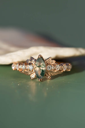 Marquise cut moss agate engagement ring, nature inspired gold leaf ring / Verbena - Eden Garden Jewelry™