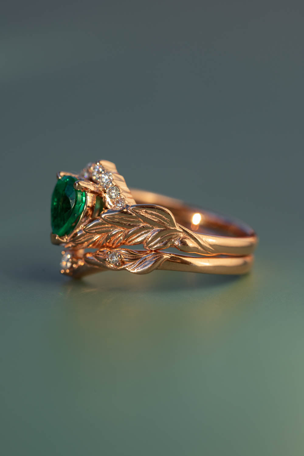 Natural emerald bridal ring set, diamond crown gold leaf engagement and wedding rings  / Palmira Crown - Eden Garden Jewelry™