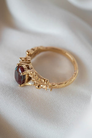Alexandrite and diamonds oak engagement ring, colour changing gemstone gold ring / Silviya - Eden Garden Jewelry™
