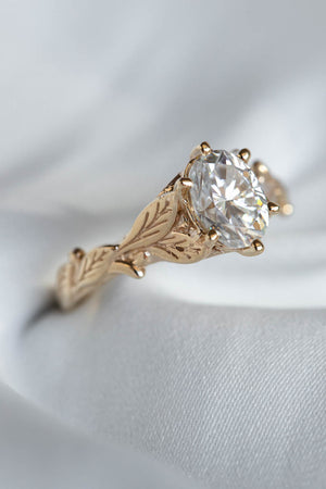 Lab grown diamond leaf engagement ring, oval cut gemstone proposal ring / Freesia - Eden Garden Jewelry™