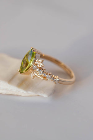 Peridot and diamonds engagement ring, nature inspired gold leaf ring / Verbena - Eden Garden Jewelry™