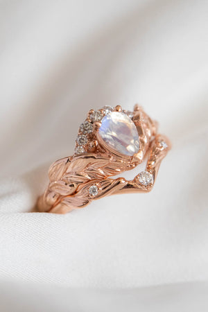 Blue moonstone engagement ring, rose gold leaves proposal ring with diamonds / Palmira Crown - Eden Garden Jewelry™