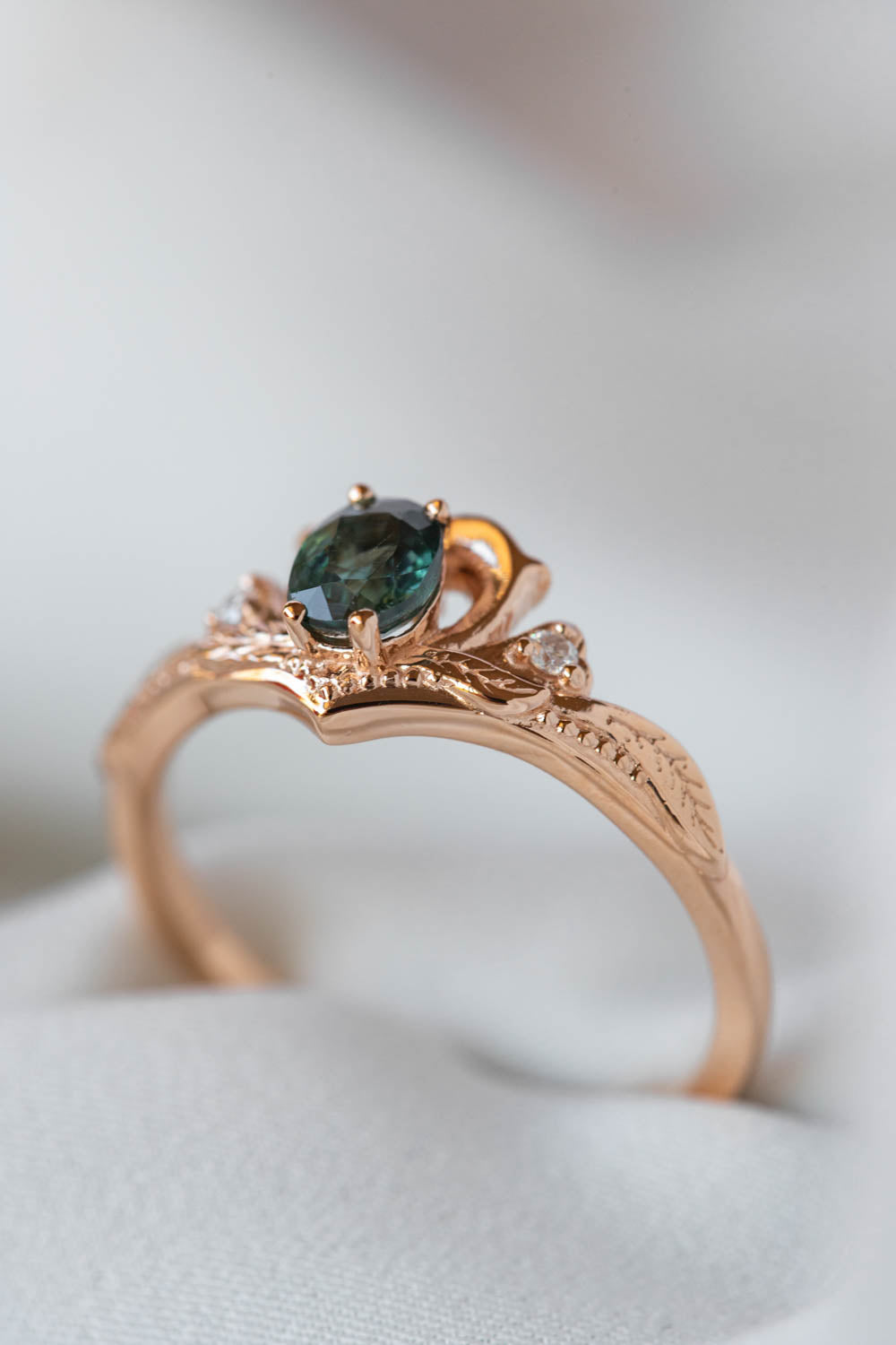 READY TO SHIP: Amura in 14K rose gold, natural oval cut teal sapphire 6.3x5.3 mm, moissanites, RING SIZE 7 US - Eden Garden Jewelry™