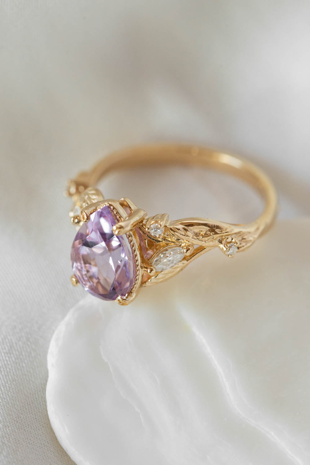 Lavender amethyst nature themed engagement ring, big pear cut gemstone gold  ring with diamonds / Patricia