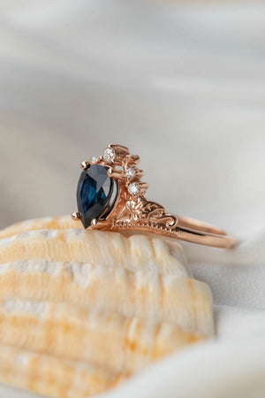 Sapphire engagement ring with diamonds, crown shape ring with real sapphire / Ariadne - Eden Garden Jewelry™