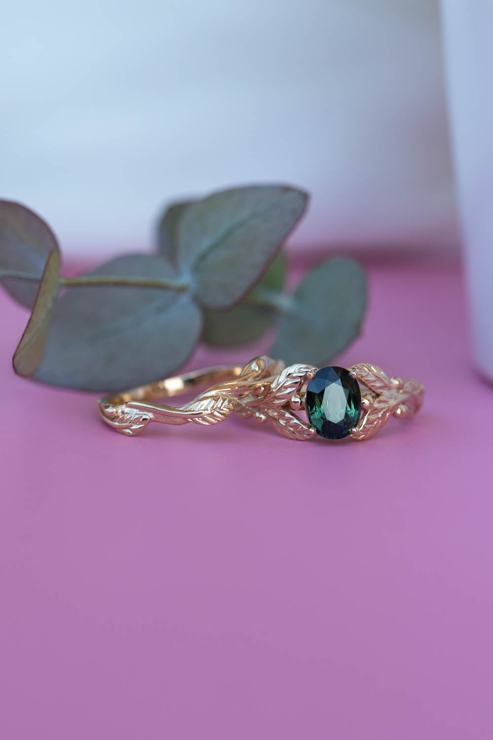 Genuine dark teal sapphire engagement ring, oval cut gemstone gold leaf proposal ring / Cornus - Eden Garden Jewelry™