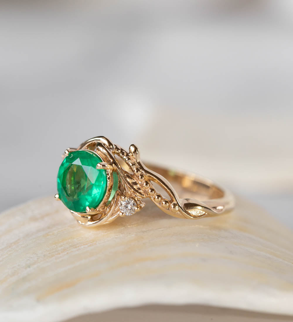 Natural emerald and diamonds engagement ring, elvish nature inspired gold ring / Undina - Eden Garden Jewelry™