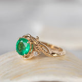 Natural emerald and diamonds engagement ring, elvish nature inspired gold ring / Undina - Eden Garden Jewelry™