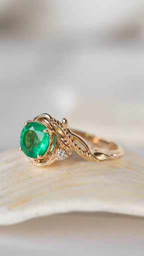 Natural emerald and diamonds engagement ring, elvish nature inspired gold ring / Undina - Eden Garden Jewelry™