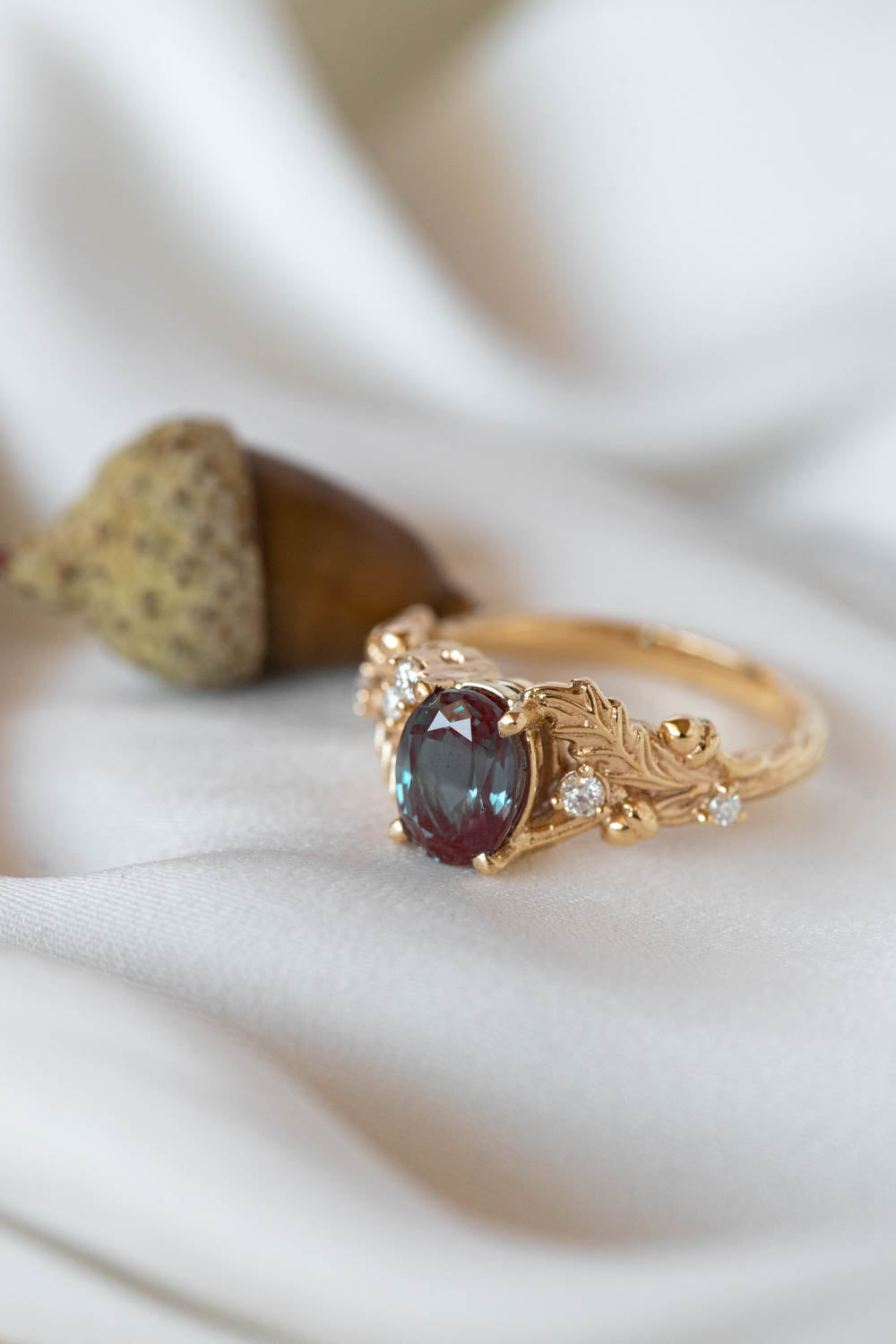 Alexandrite and diamonds oak engagement ring, colour changing gemstone gold ring / Silviya - Eden Garden Jewelry™