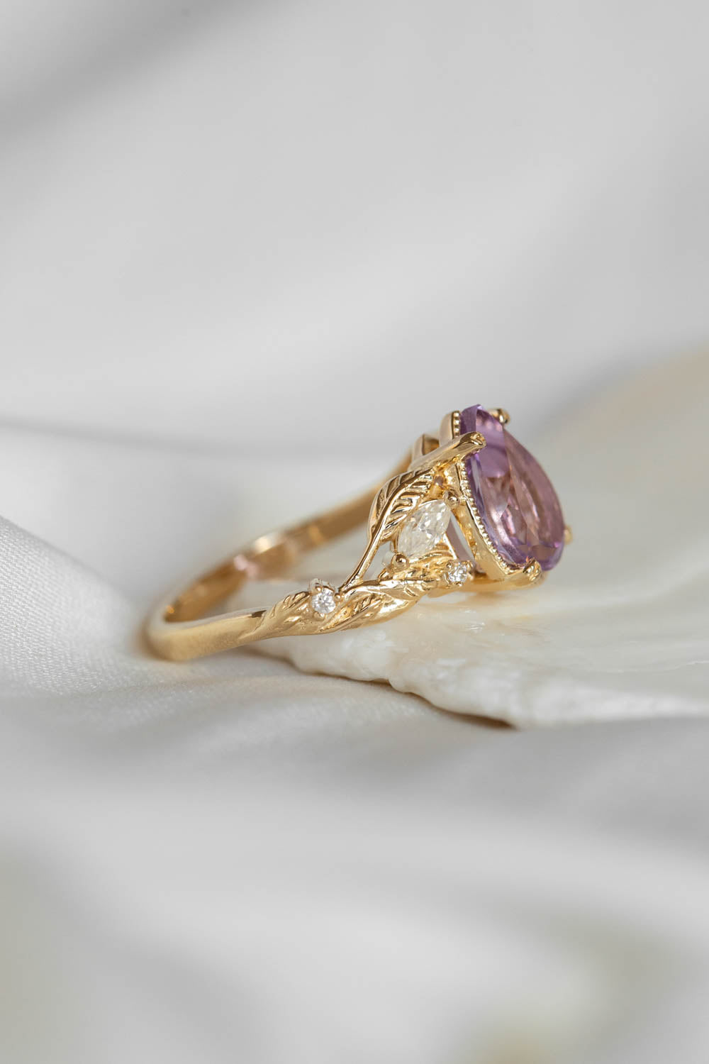 Lavender amethyst nature themed engagement ring, big pear cut gemstone gold ring with diamonds / Patricia - Eden Garden Jewelry™
