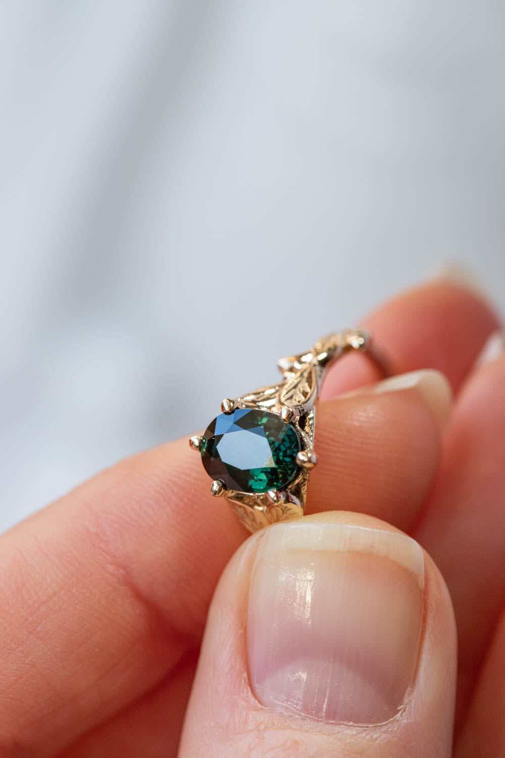 Natural Dark Teal Sapphire Engagement Ring Gold Leaf Engagement