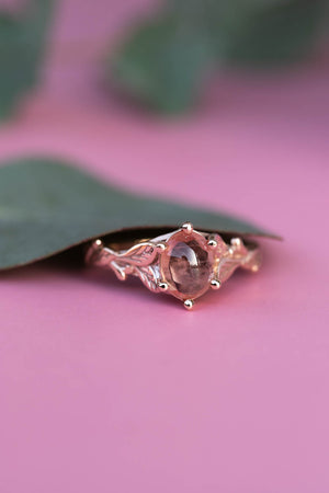 Cabochon pink sapphire engagement ring, gold leaves proposal ring / Freesia - Eden Garden Jewelry™