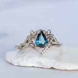 White gold engagement ring with teal sapphire, elvish bridal ring with diamonds / Lida small - Eden Garden Jewelry™
