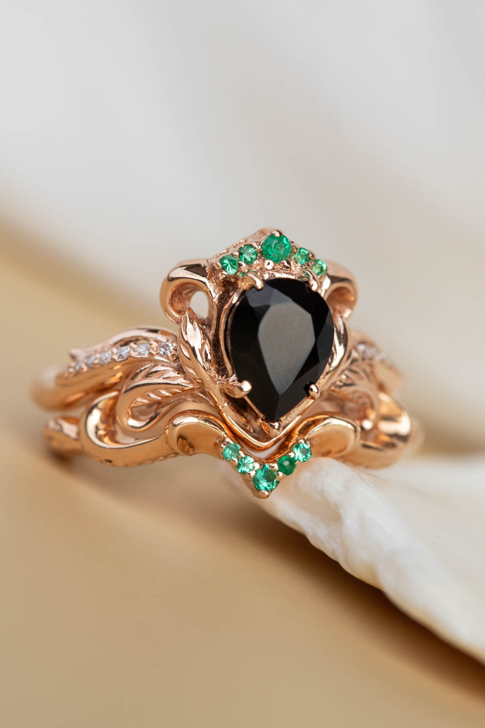 Black spinel fantasy bridal ring set, emeralds and diamonds engagement and wedding rings /  Faunus - Eden Garden Jewelry™