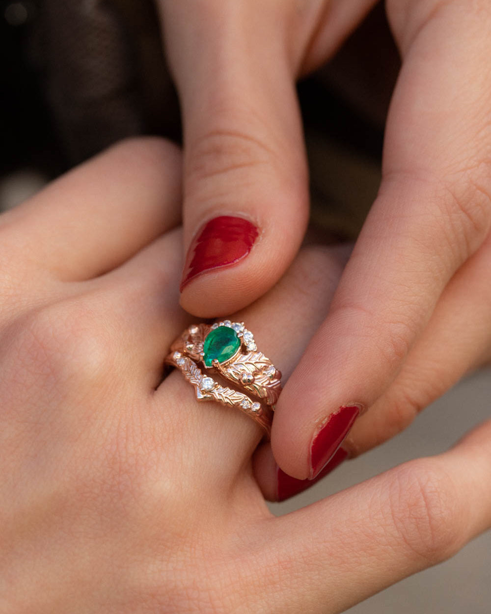 Natural emerald oak leaves bridal ring set, nature inspired engagement and wedding rings / Royal Oak - Eden Garden Jewelry™