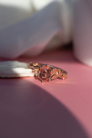 Cabochon pink sapphire engagement ring, gold leaves proposal ring / Freesia - Eden Garden Jewelry™