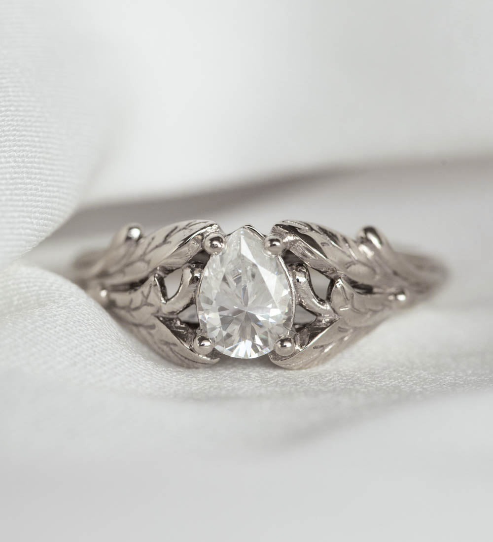 White sapphire nature inspired gold leaf engagement ring / Wisteria - Eden Garden Jewelry™