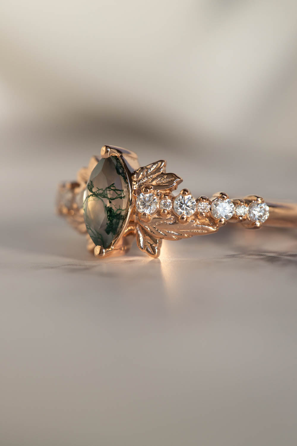 Cushion cut green moss agate ring vintage unique nature inspired