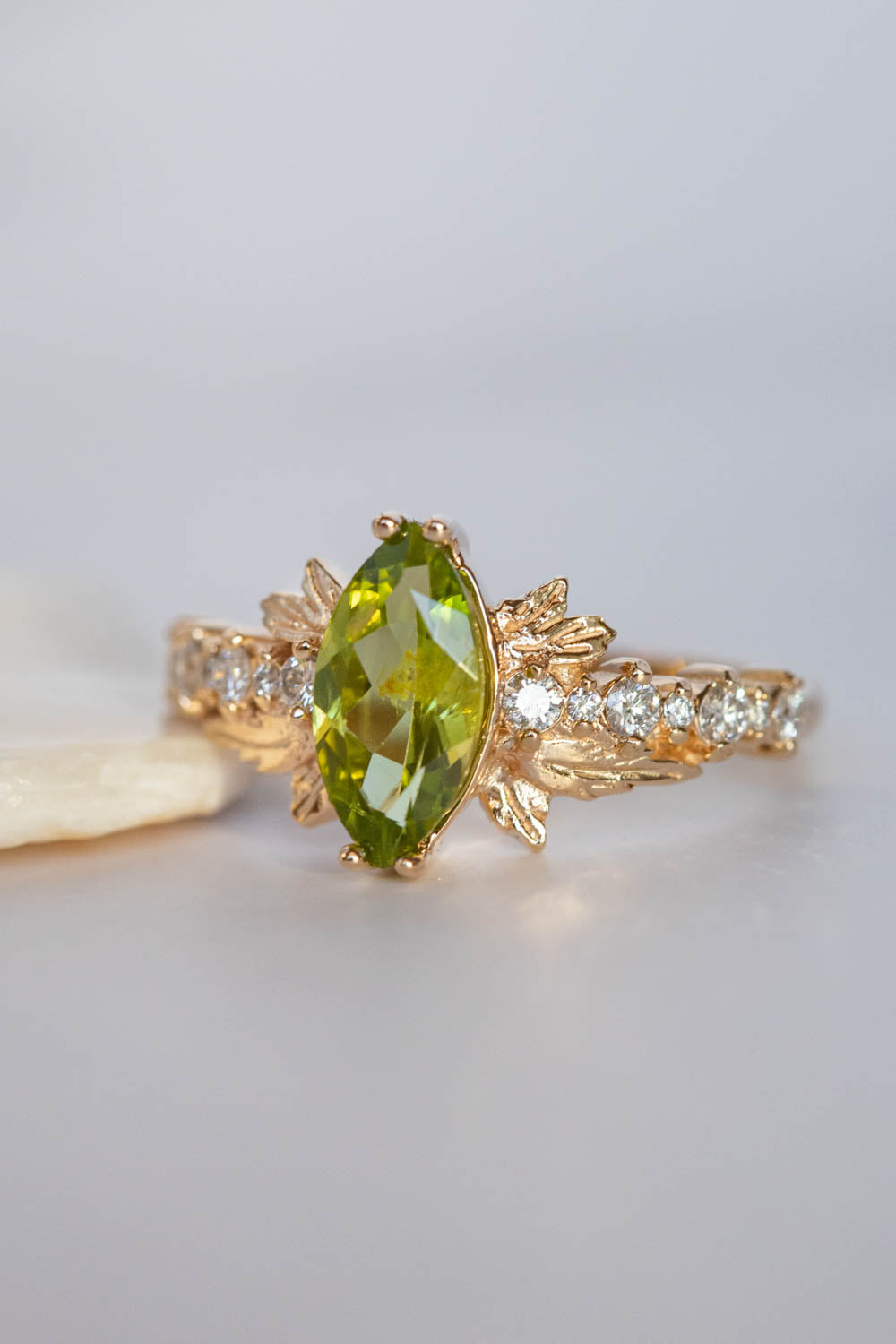 Peridot and diamonds engagement ring, nature inspired gold leaf ring /  Verbena