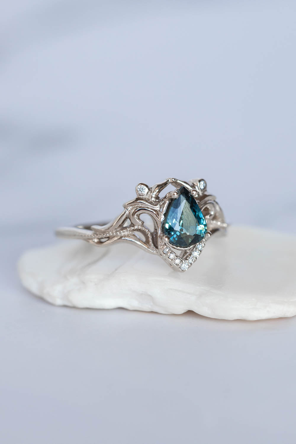 Teal sapphire bridal ring set, white gold engagement ring set with diamonds / Lida small - Eden Garden Jewelry™