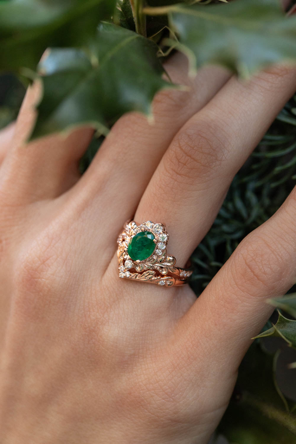 Heart shaped green emerald engagement ring leaf flower 14k rose gold s –  Ohjewel