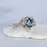 White gold engagement ring with teal sapphire, elvish bridal ring with diamonds / Lida small - Eden Garden Jewelry™