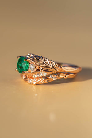 Emerald and diamonds engagement ring, nature themed rose gold leaves proposal ring / Verdi - Eden Garden Jewelry™