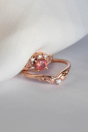 Padparadscha sapphire engagement ring, gold leaves and diamonds proposal ring / Ariadne - Eden Garden Jewelry™