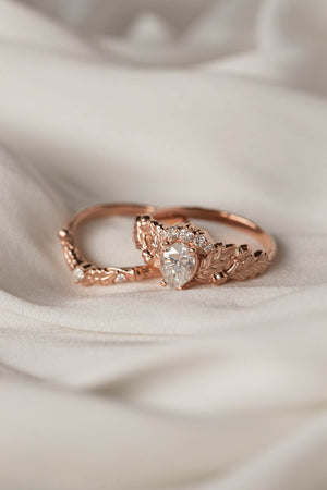 Oak leaves bridal ring set ring with pear moissanite, diamond engagement and wedding rings / Royal Oak - Eden Garden Jewelry™