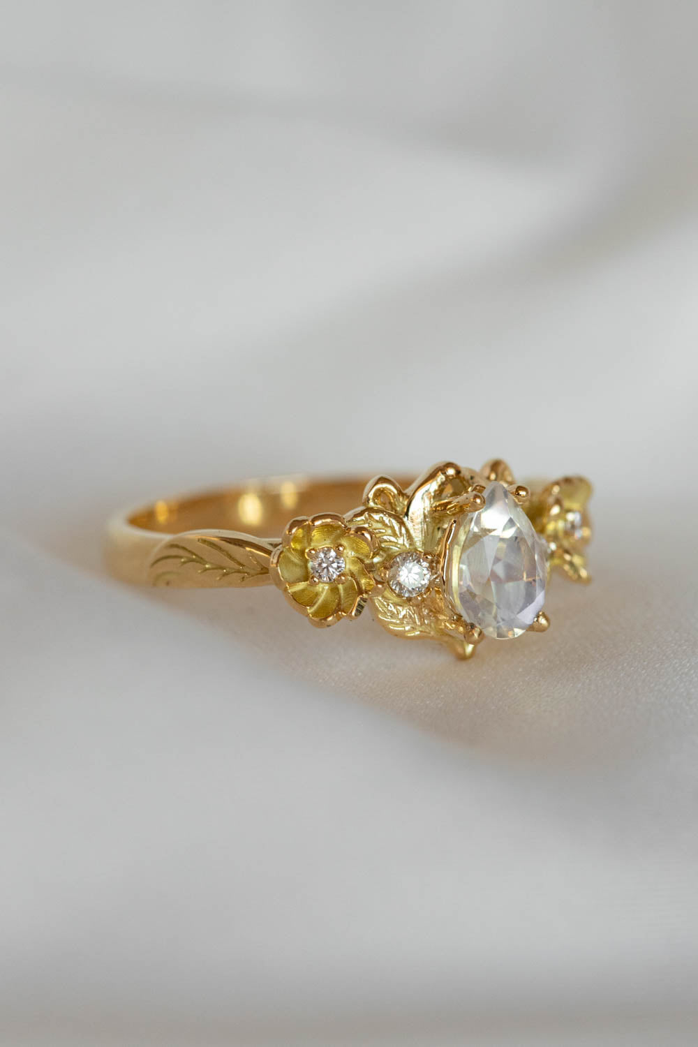 READY TO SHIP: Adelina in 18K yellow gold, natural pear cut moonstone 7x5 mm, moissanites, RING SIZE 8 US - Eden Garden Jewelry™