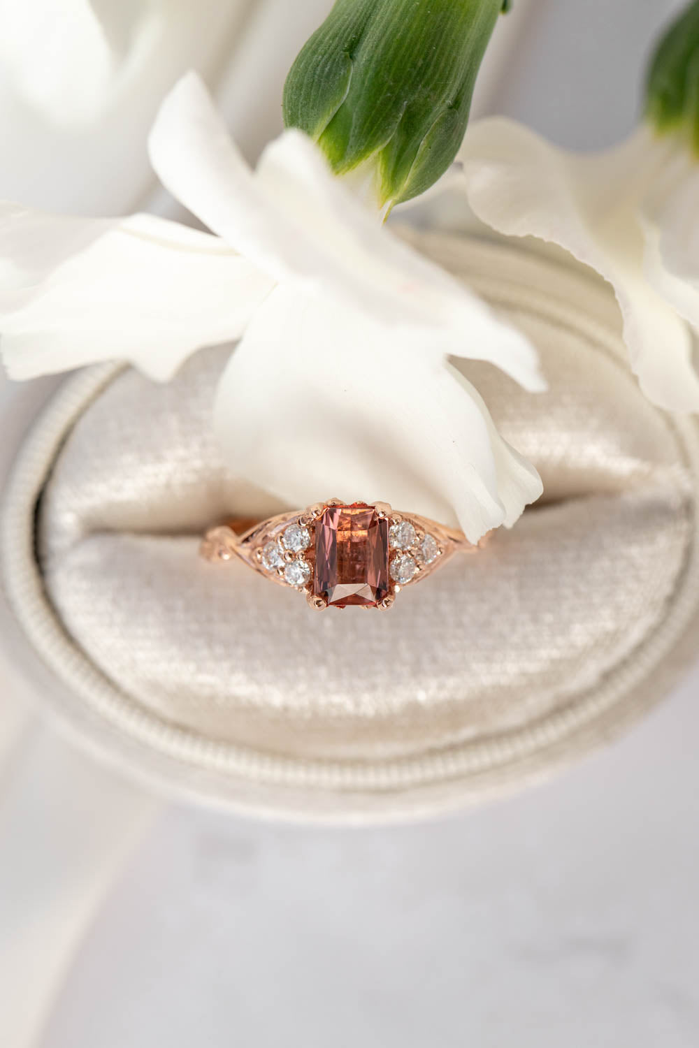 Pink tourmaline and diamonds engagement ring, emerald cut gemstone gold ring / Gloria - Eden Garden Jewelry™
