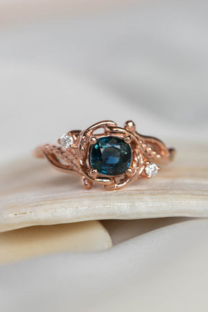 Teal sapphire cushion cut engagement ring, rose gold ring with diamonds / Undina - Eden Garden Jewelry™