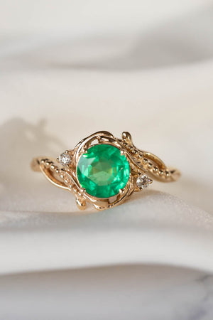 Natural emerald and diamonds engagement ring, elvish nature inspired gold ring / Undina - Eden Garden Jewelry™
