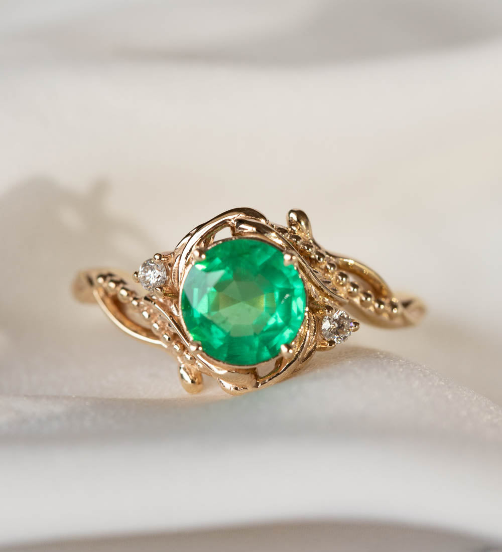 Natural emerald and diamonds engagement ring, elvish nature inspired gold ring / Undina - Eden Garden Jewelry™