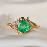 Natural emerald and diamonds engagement ring, elvish nature inspired gold ring / Undina - Eden Garden Jewelry™