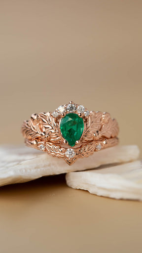 Natural emerald oak leaves bridal ring set, nature inspired engagement and wedding rings / Royal Oak - Eden Garden Jewelry™