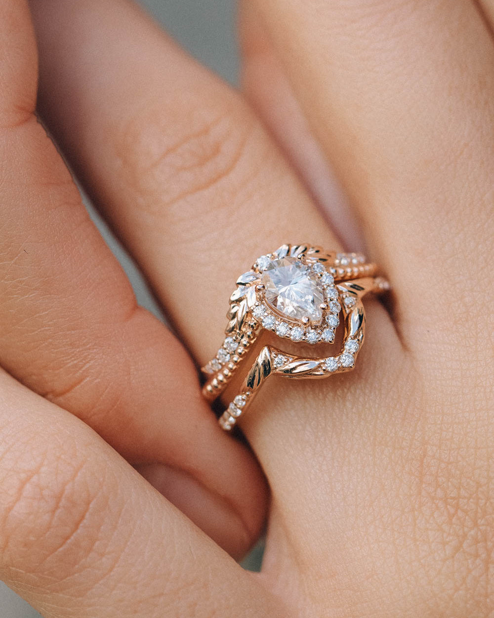 Pear lab grown diamond bridal ring set, halo diamond engagement ring set / Lyonella - Eden Garden Jewelry™