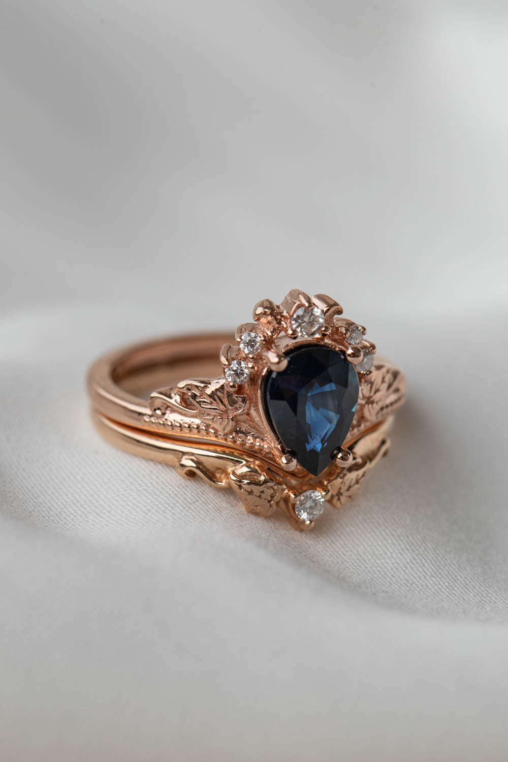 Natural sapphire bridal ring set, dark blue sapphire engagement ring set with diamonds / Ariadne - Eden Garden Jewelry™