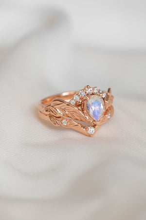 Blue moonstone engagement ring, rose gold leaves proposal ring with diamonds / Palmira Crown - Eden Garden Jewelry™