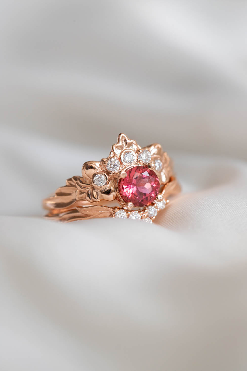 Flower Crown Engagement Ring with Pink Tourmaline, Botanic Inspired Diamond Engagement Ring / Forget Me Not