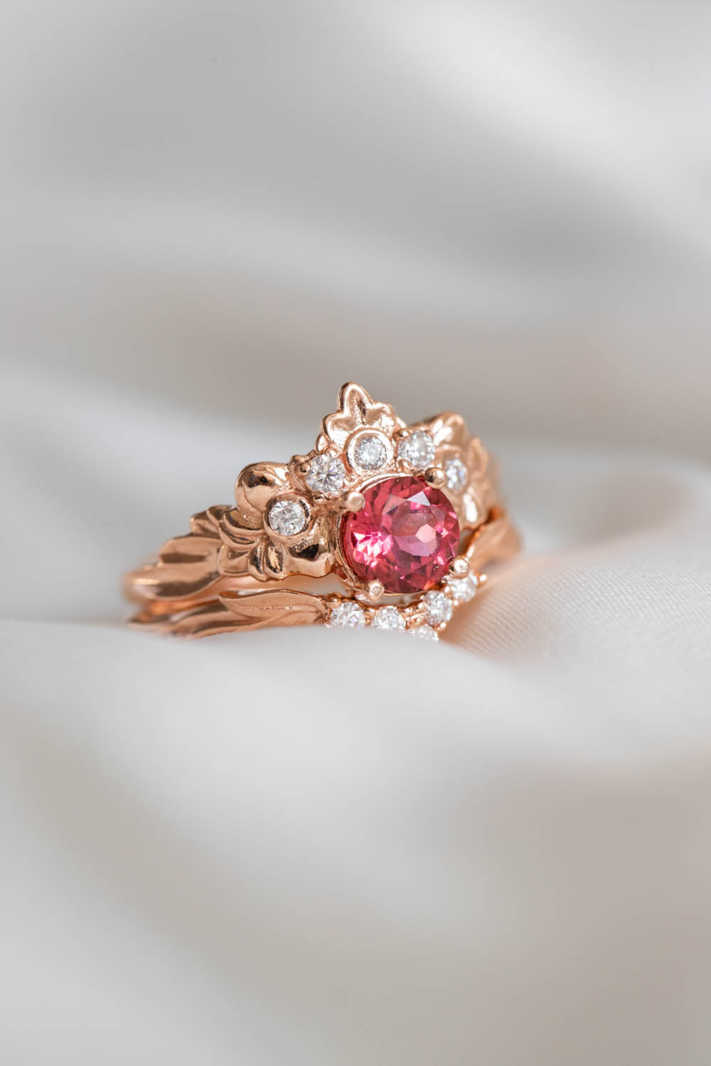 Flower crown engagement ring with pink tourmaline, botanic inspired diamond engagement ring /  Forget Me Not - Eden Garden Jewelry™