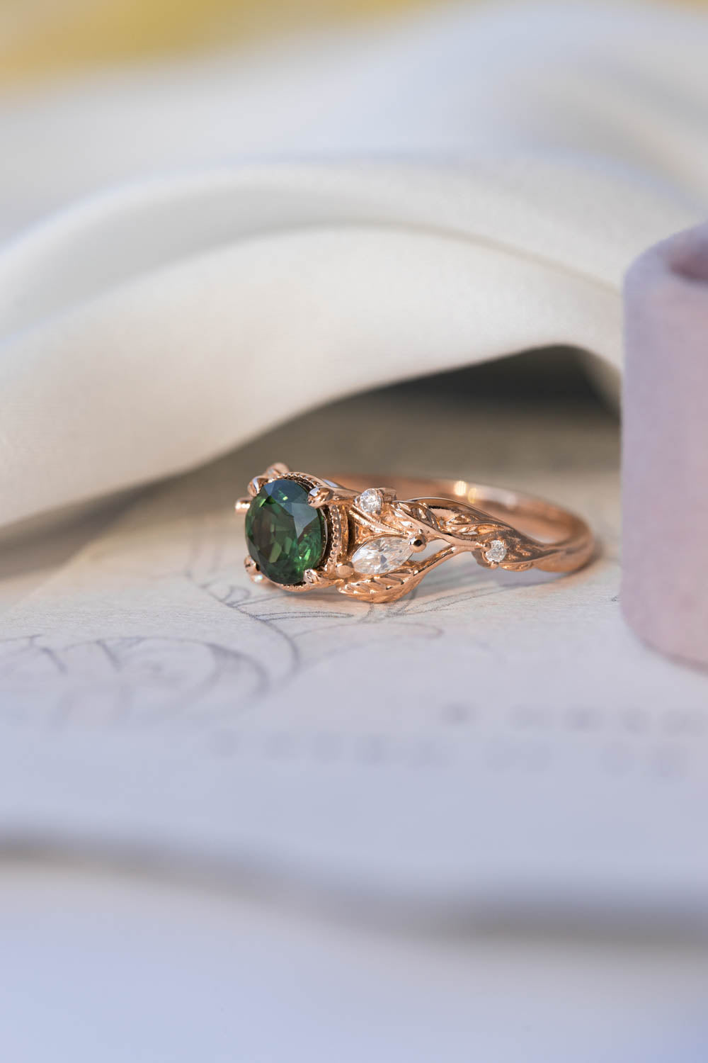 Natural green sapphire engagement ring, rose gold proposal ring with leaves and diamonds / Patricia - Eden Garden Jewelry™