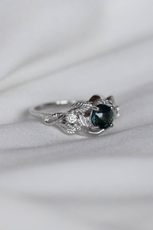 Genuine teal sapphire leaf engagement ring, white gold proposal ring with diamonds / Azalea - Eden Garden Jewelry™