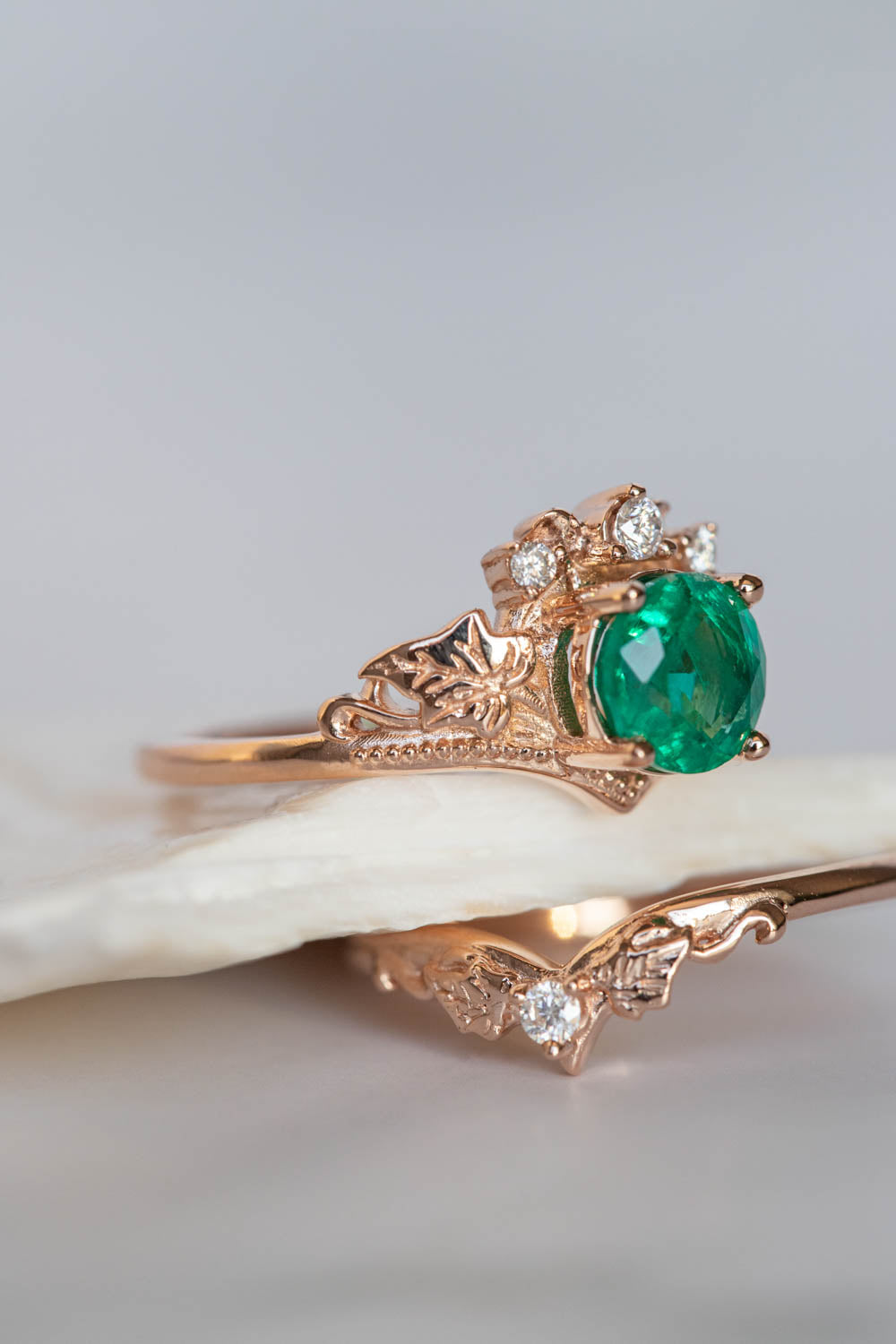 1 carat emerald engagement ring set, nature themed gold stacking rings with diamonds / Ariadne - Eden Garden Jewelry™