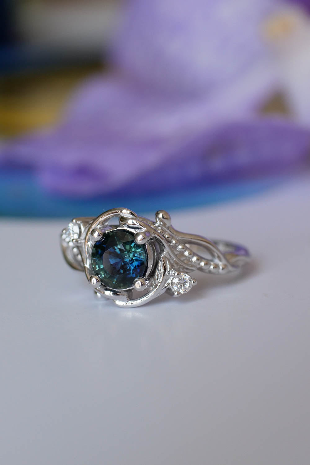 Genuine teal sapphire engagement ring set, white gold bridal ring set with sapphire and diamonds / Undina - Eden Garden Jewelry™