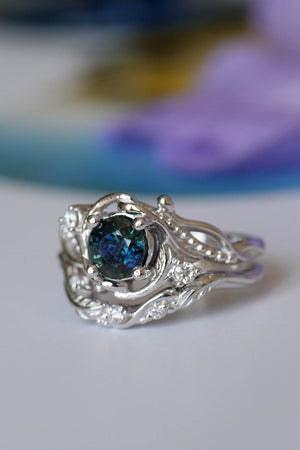 Genuine teal sapphire engagement ring set, white gold bridal ring set with sapphire and diamonds / Undina - Eden Garden Jewelry™
