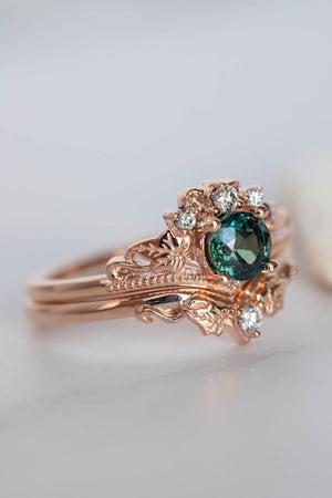Teal sapphire bridal ring set, rose gold engagement ring with sapphire and diamonds  / Ariadne - Eden Garden Jewelry™